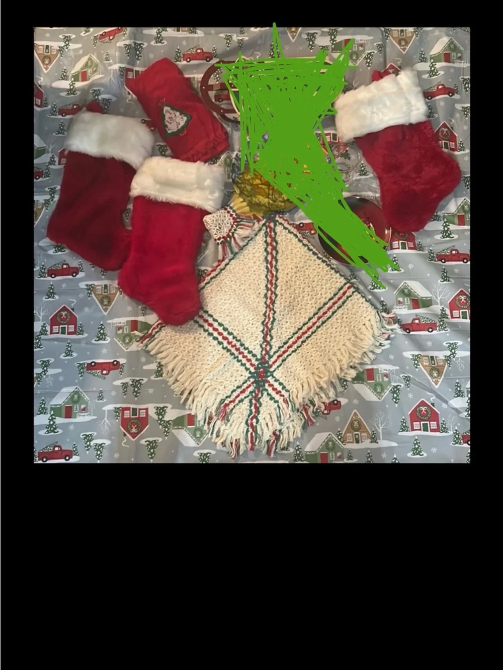 Festive Holiday Decor Tablecloth + matching doily 3 Xmas stockings + hand towel